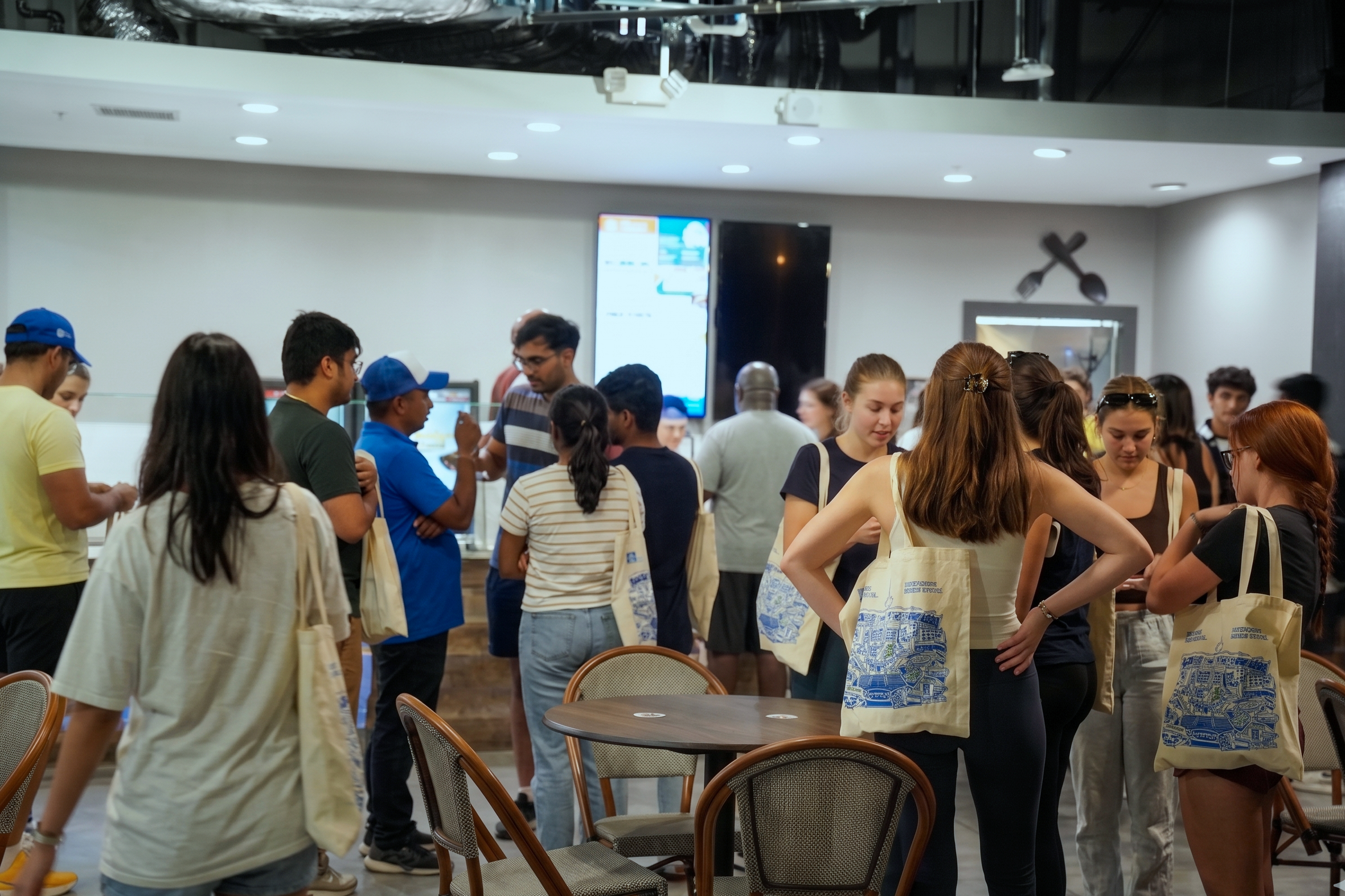 Crowd of people waiting inside a restaurant or cafe, many carrying tote bags with blue designs, some talking, some looking at their phones, with digital menu boards and decorative crossed spoons on the wall in the background.